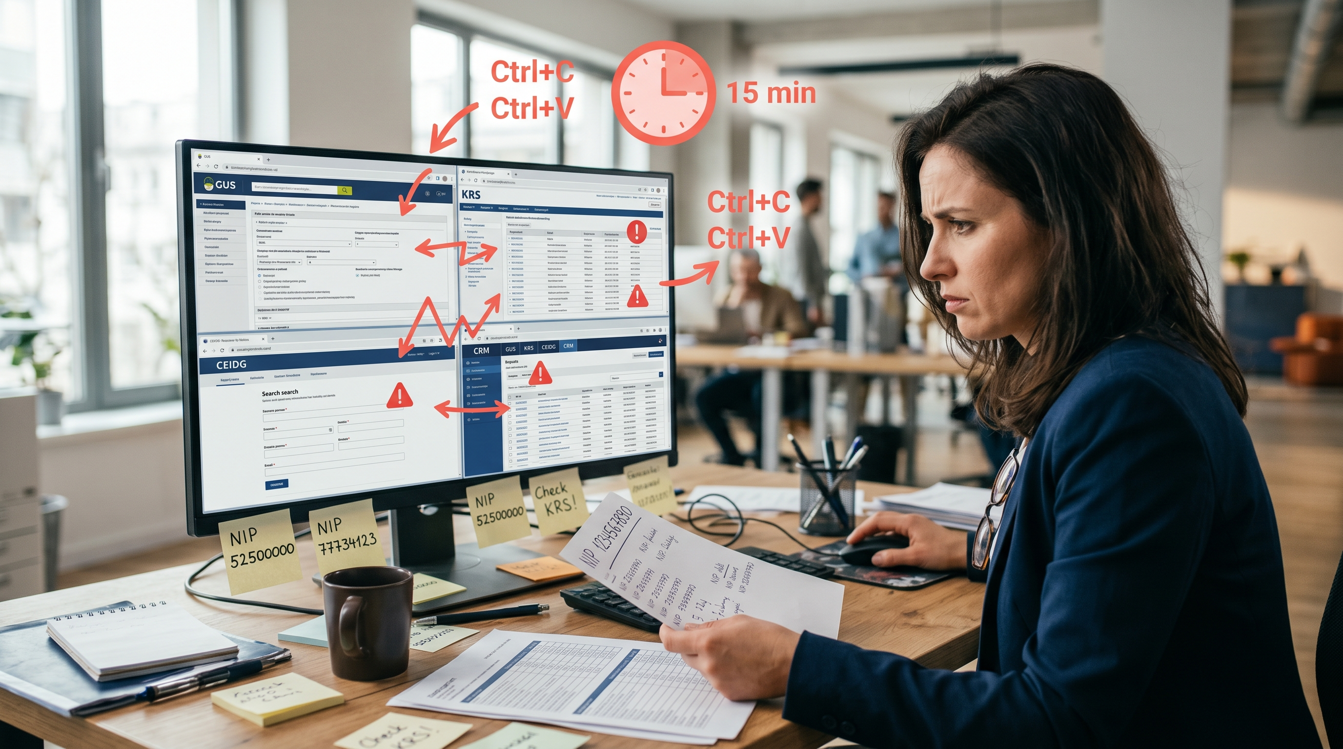 Handlowczyni klikająca między GUS, KRS, CEIDG i CRM — 15 min ręcznego researchu na jeden lead