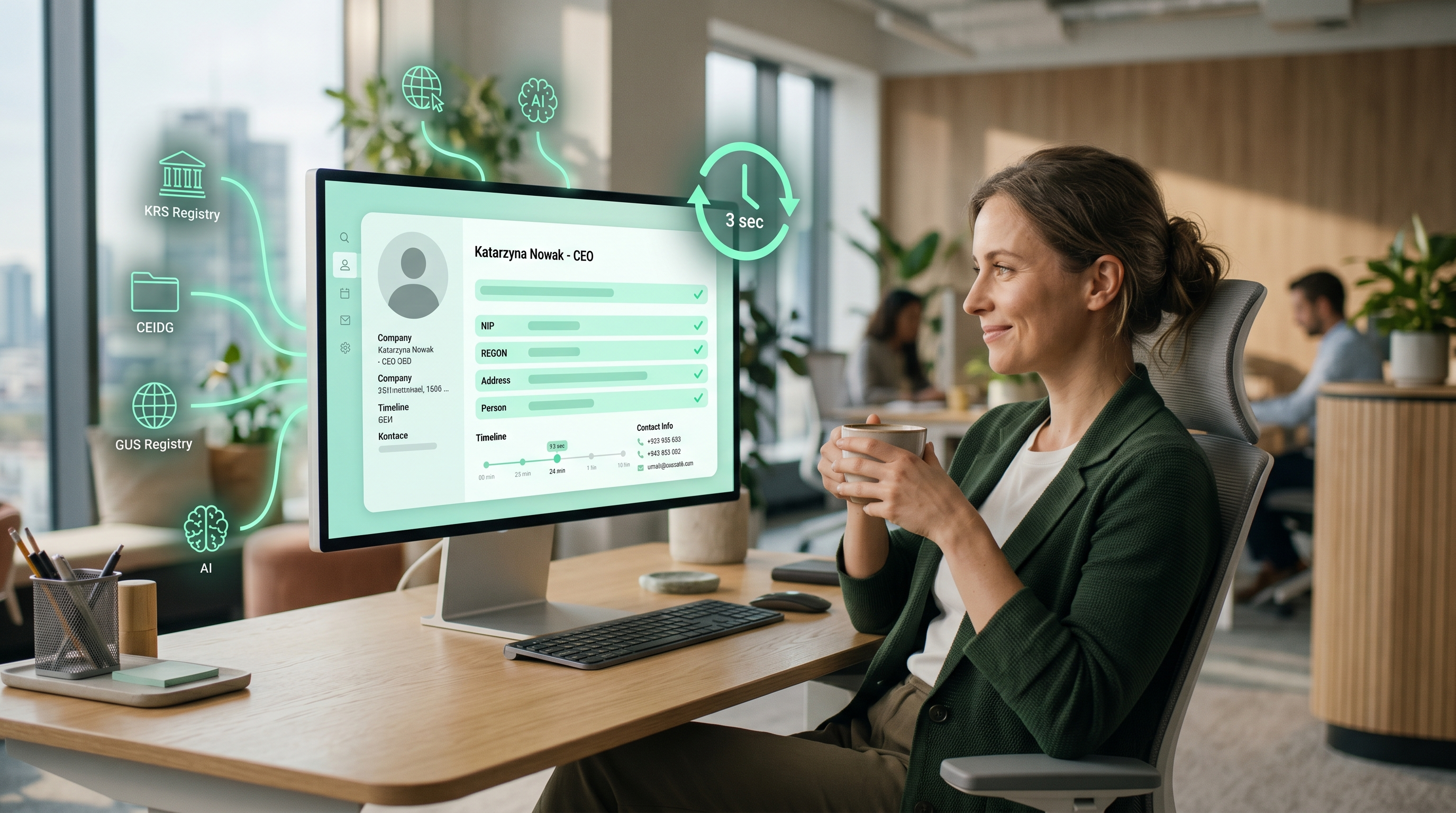 Spokojna handlowczyni z kawą, pełna karta firmy w CRM wypełniona automatycznie — dane z GUS, KRS, CEIDG + AI